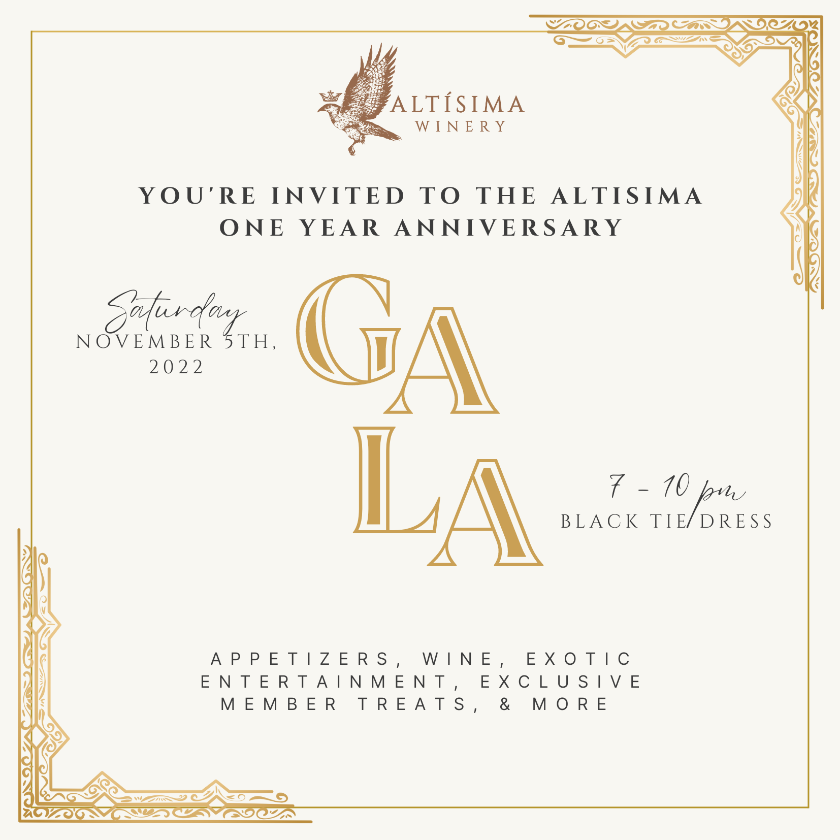 A formal invitation for the Altísma Winery's one-year anniversary gala. The design features elegant gold text on a cream background with ornate borders, listing the date, time, dress code, and event details.