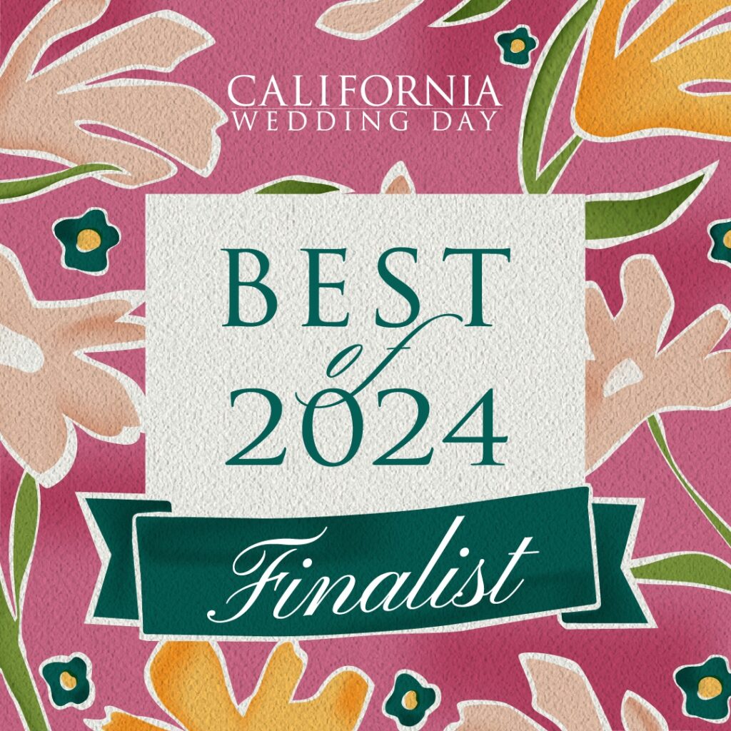 Graphic featuring floral designs with the text 'California Wedding Day Best of 2024 Finalist' in bold green and white typography on a pink background. This image highlights the recognition of a wedding vendor, relevant for Temecula weddings.