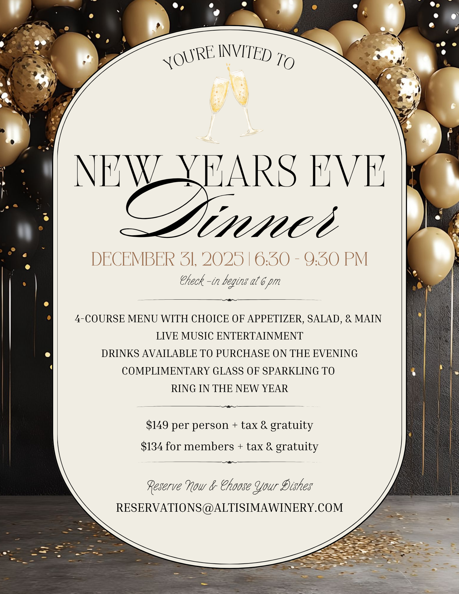 altisima new years eve 2025 dinner event flyer