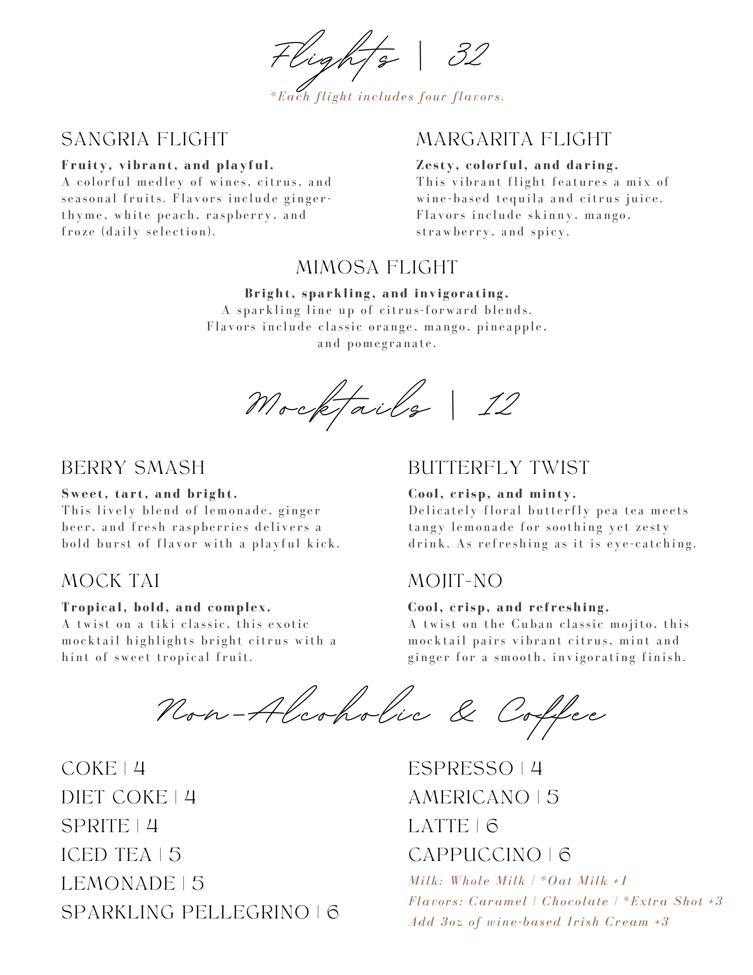 A menu featuring various drink flights and mocktails, including Sangria Flight, Margarita Flight, Mimosa Flight, and several non-alcoholic beverages. The menu lists drink descriptions, ingredients, and prices in an elegant layout.
