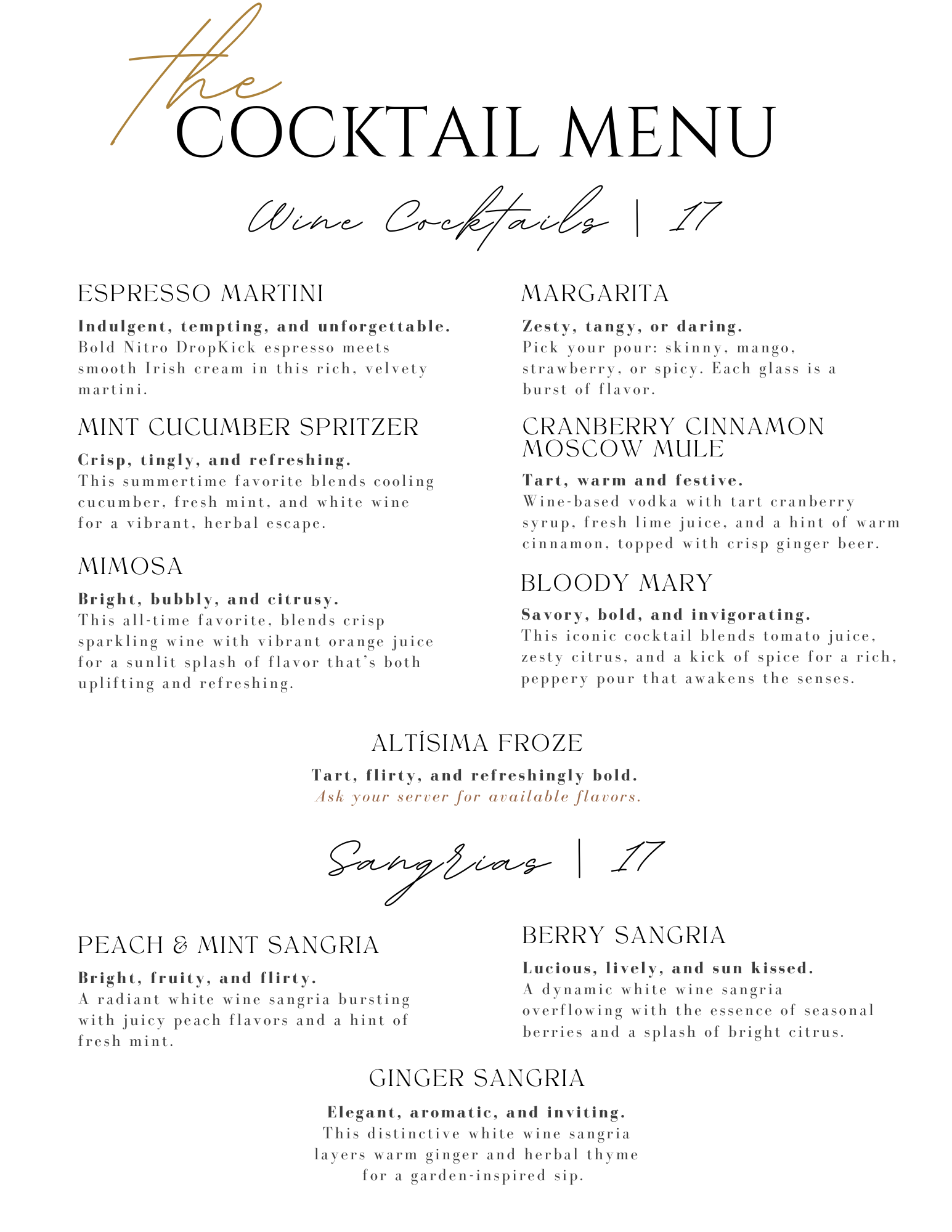 A cocktail menu featuring wine cocktails, including Espresso Martini, Margarita, Cranberry Cinnamon Moscow Mule, Bloody Mary, and various Sangrias. Each item has a brief description highlighting flavors and ingredients, presented in an elegant layout.