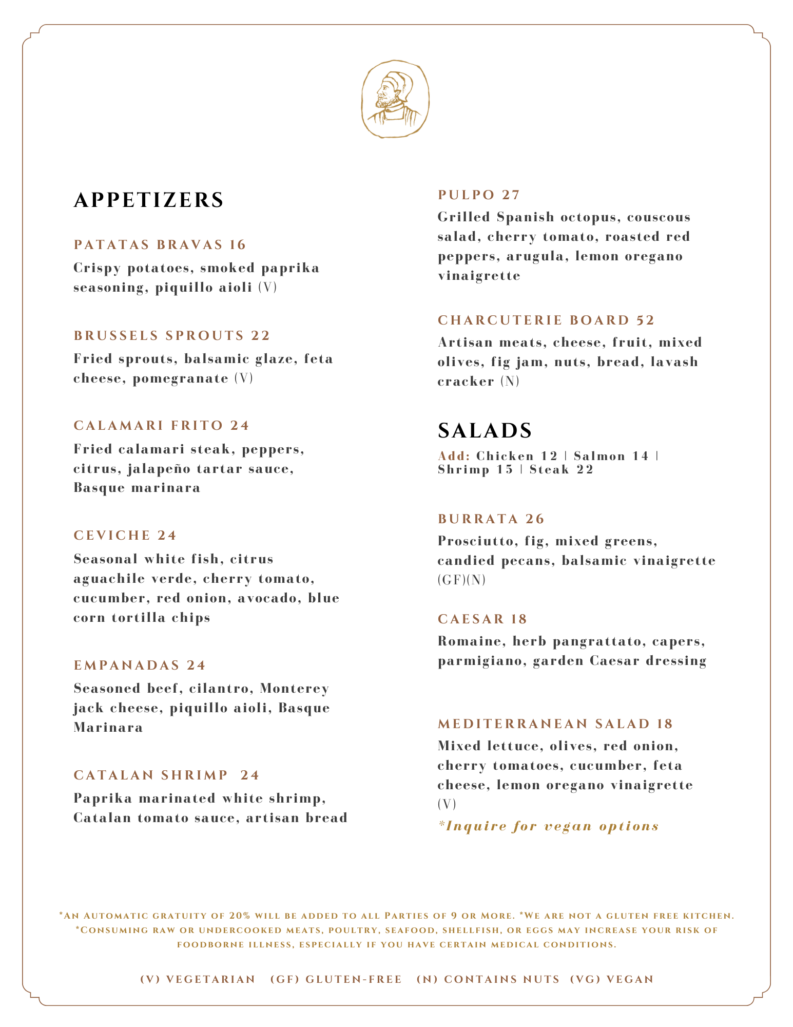 An elegant menu from Gaspar's Restaurant featuring Spanish food and Spanish fusion dishes. Sections include appetizers like patatas bravas and calamari, and salads such as Mediterranean salad. Prices and ingredients are listed.
