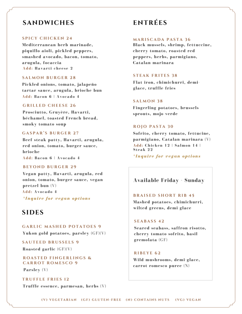 A menu featuring items from Gaspar's Restaurant, including sandwiches, entrées, sides, and special notes on vegetarian and gluten-free options. Highlights include Gaspar's Burger and Mariscada Pasta. Located in Temecula, offering Spanish Food and Spanish Fusion.
