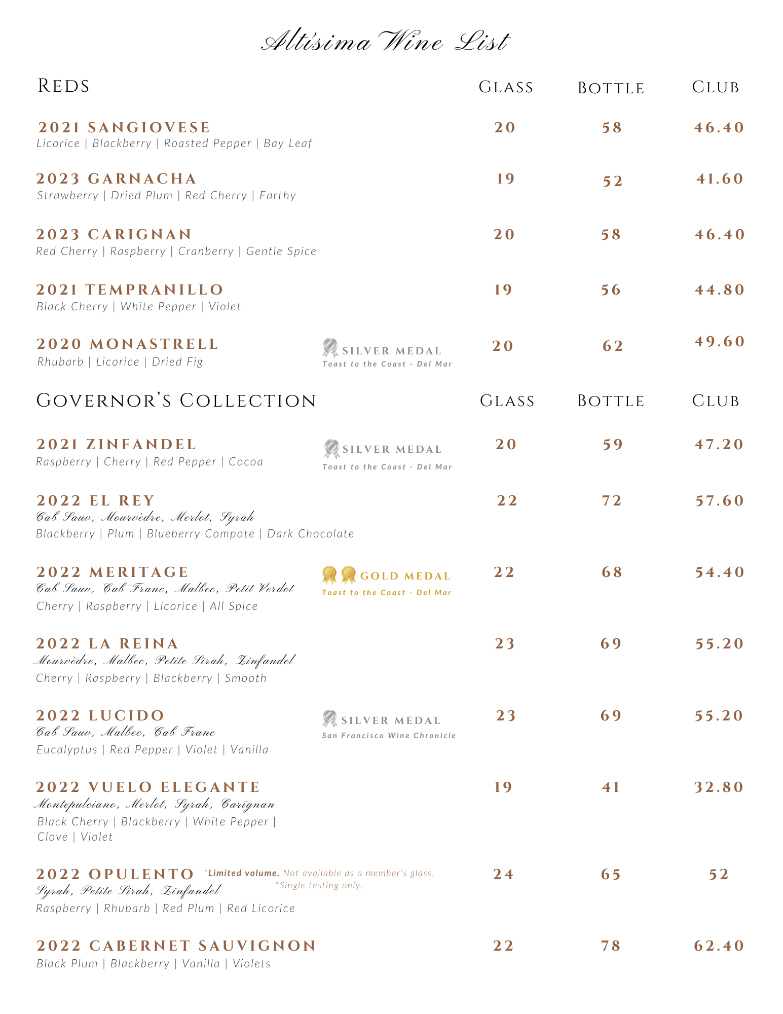 A wine list from Altisima Tasting Room featuring various red wines, including their names, glass and bottle prices, and club prices. The list highlights vintages like Sangioavese and Zinfandel, showcasing the offerings of this Temecula winery.
