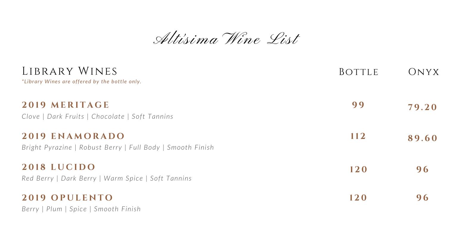 A wine list featuring selections from Altísma, including the 2019 Meritage, 2019 Enamorado, 2019 Lucido, and 2019 Opulento. The list includes prices and a QR code for Altísima experiences, with a small cheese and nut platter in the background.