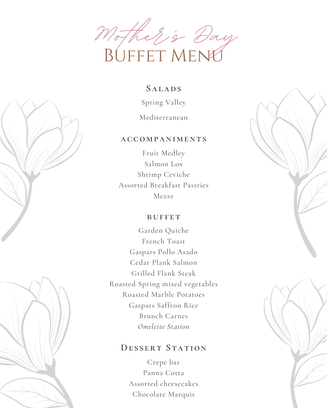 A printed Mother's Day buffet menu featuring a floral design. Sections labeled 'Salads', 'Accompaniments', 'Buffet', and 'Dessert Station' list various dishes such as Spring Valley salad, salmon dish, and desserts like crepes and panna cotta.