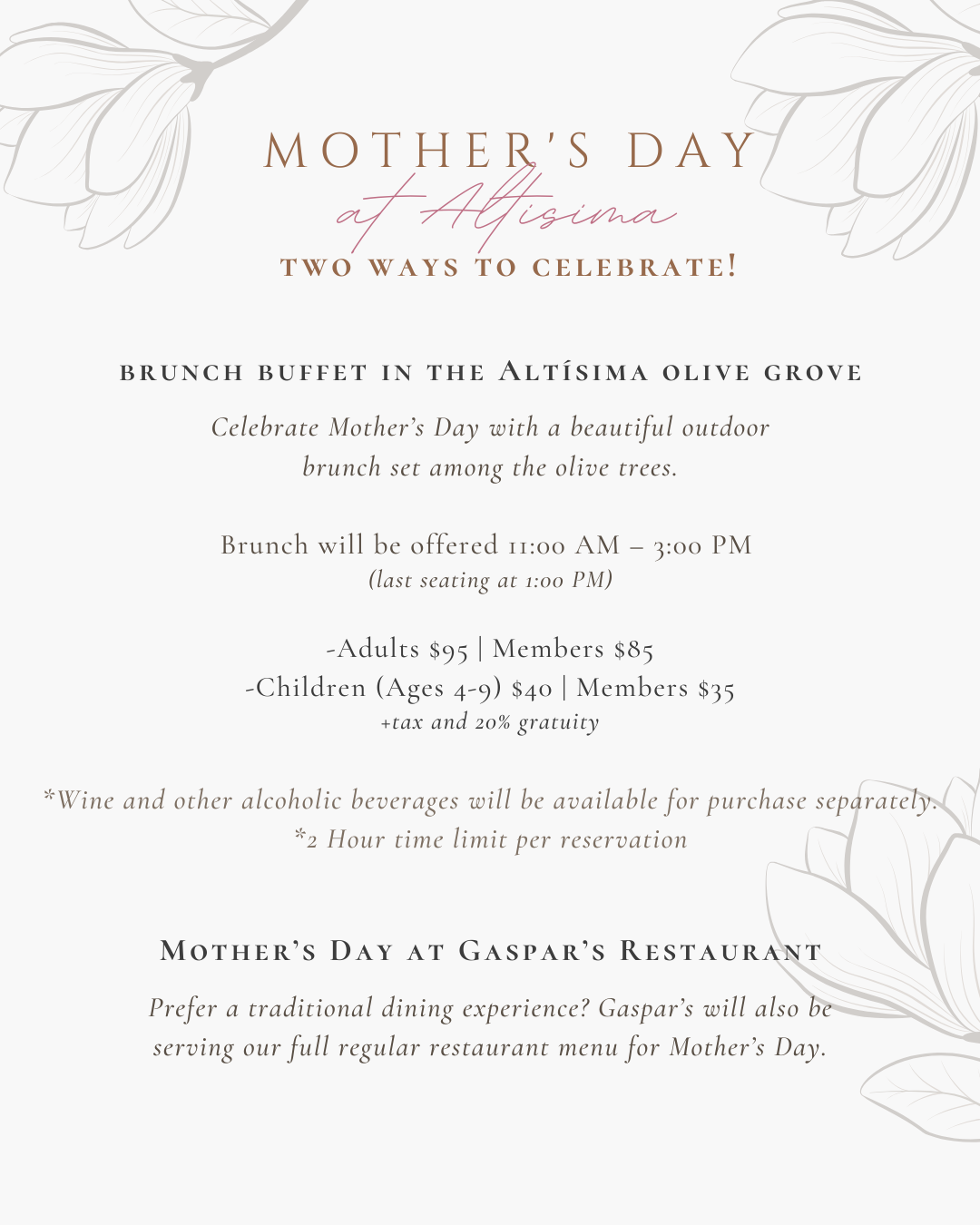 A promotional flyer detailing Mother's Day celebrations at Altísima. It includes information about a brunch buffet in an olive grove, pricing, and dining options at Gaspar's Restaurant. The design features floral graphics and elegant typography.