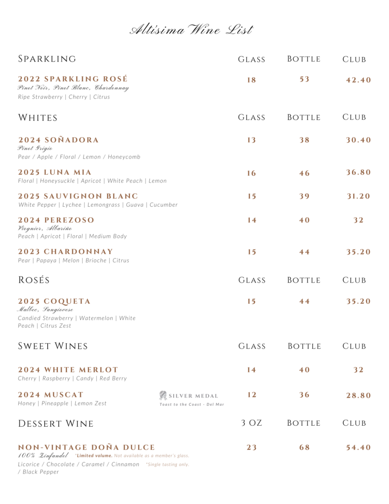 A wine list from Altisima Tasting Room at a Temecula winery. It includes a variety of wine options categorized into sparkling, whites, rosés, sweet wines, and dessert wine, with price details for glass, bottle, and club purchases.