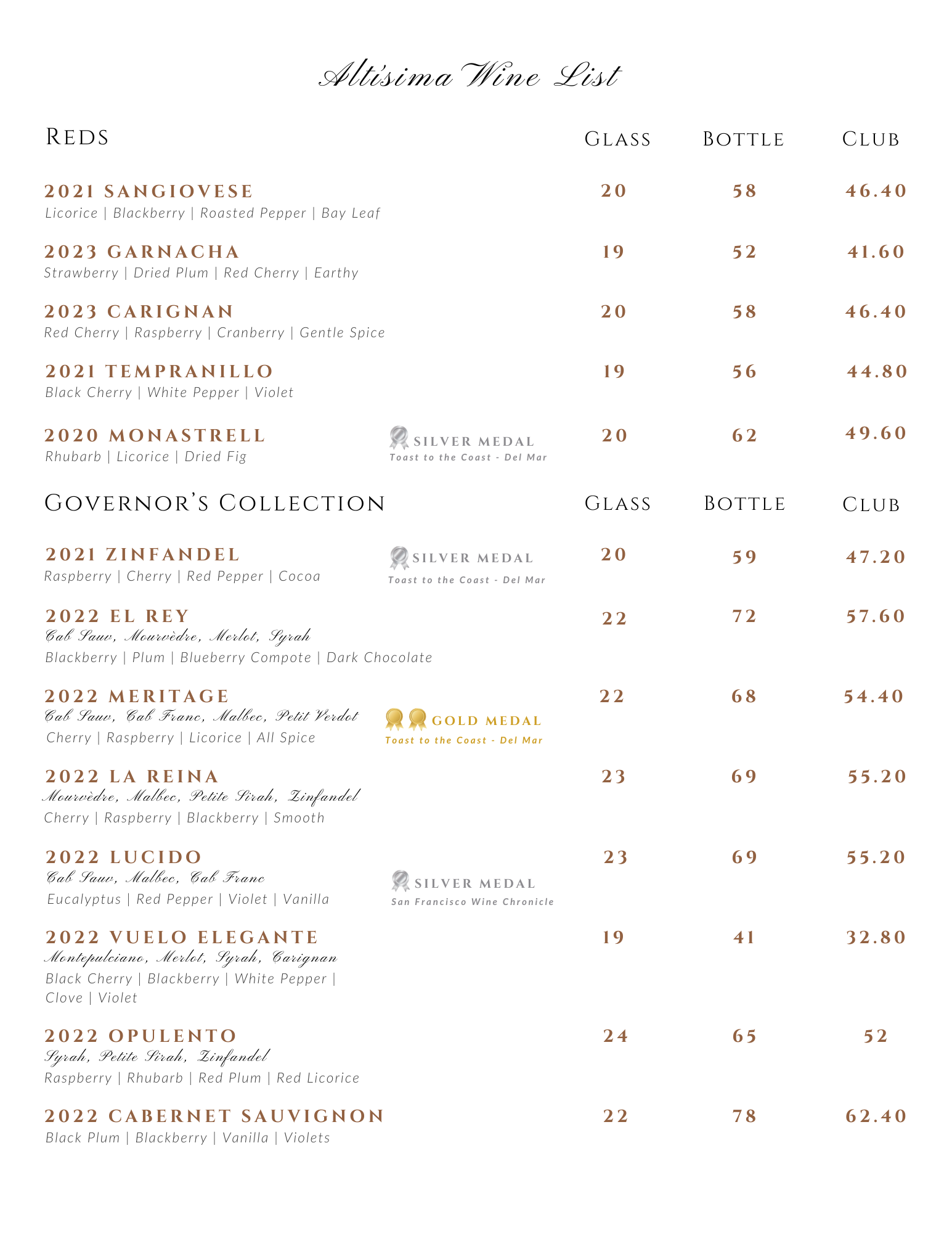 A wine list from Altisima Tasting Room featuring selections of red wines and prices for glass, bottle, and club purchases. The list includes wines from the years 2021 to 2022 with descriptive notes and medal awards.