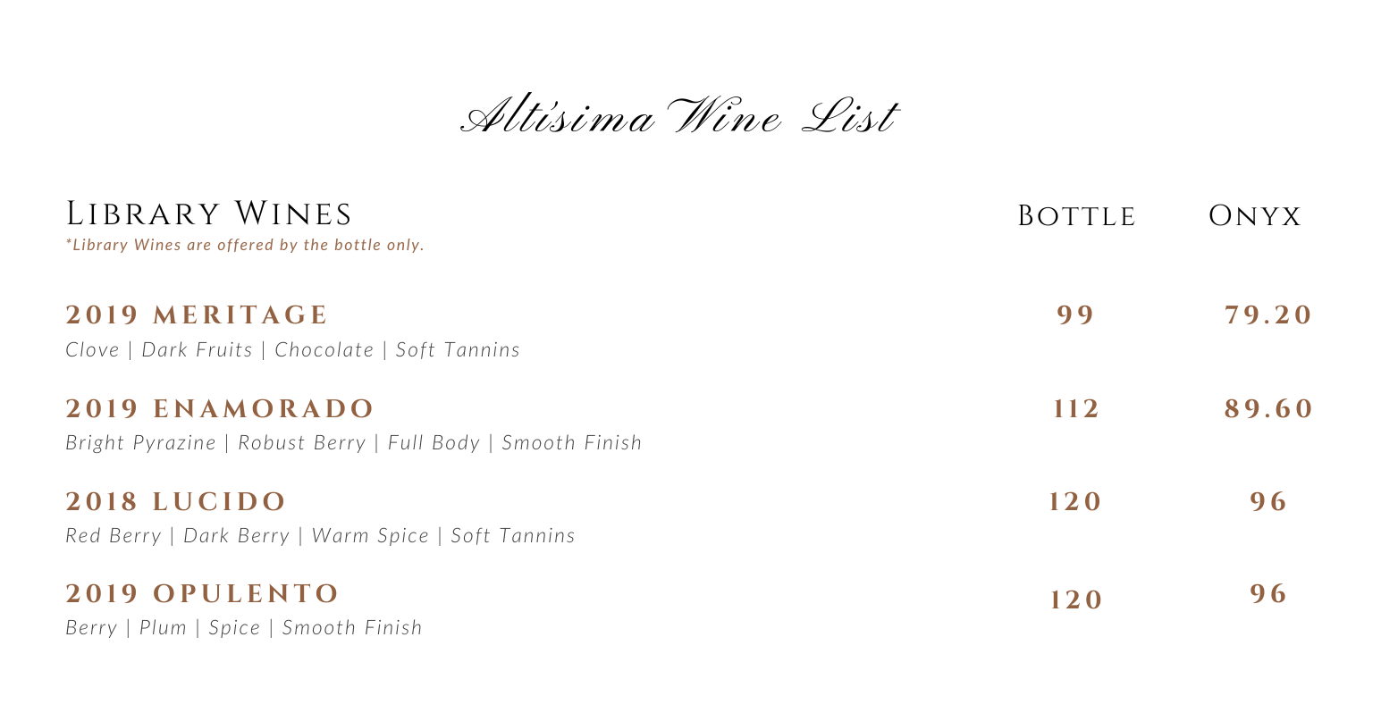 A wine list from Altisima Winery, showcasing library wines with details on various bottles such as 2019 Meritage and 2019 Opulento. Includes a section highlighting tasting experiences available at the Altisima tasting room in Temecula.
