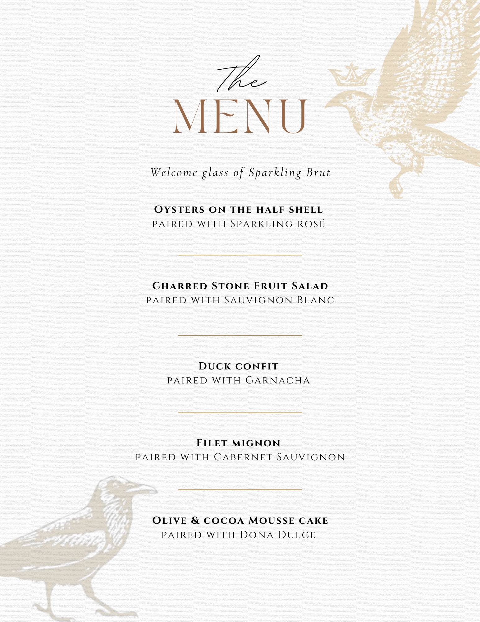 A menu titled 'The Menu' featuring a welcome glass of Sparkling Brut. Listed items include Oysters on the Half Shell, Charred Stone Fruit Salad, Duck Confit, Filet Mignon, and Olive & Cocoa Mousse Cake, each paired with suggested wines.