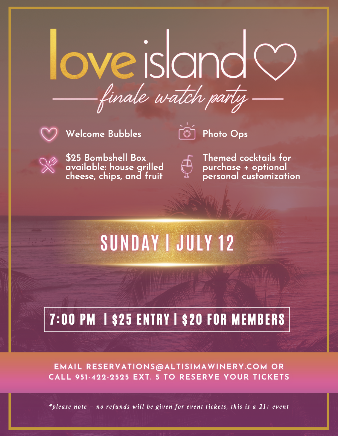 A promotional flyer for a "Love Island" finale watch party featuring a sunset background with palm trees. The flyer includes details like event date, time, entry fees, and offerings such as welcome bubbles, themed cocktails, and photo ops.