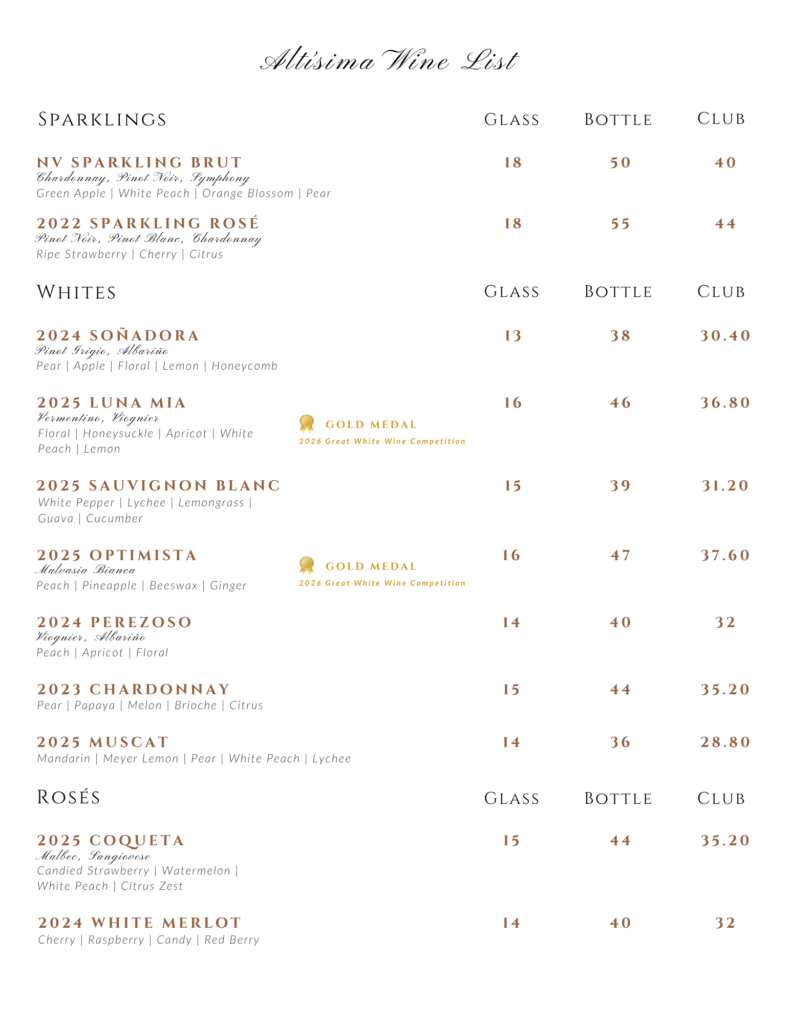 Altisima Wine List menu for a Temecula winery tasting room, with sparkling, white, and rosé wines listed by glass, bottle, and club prices on a white background.