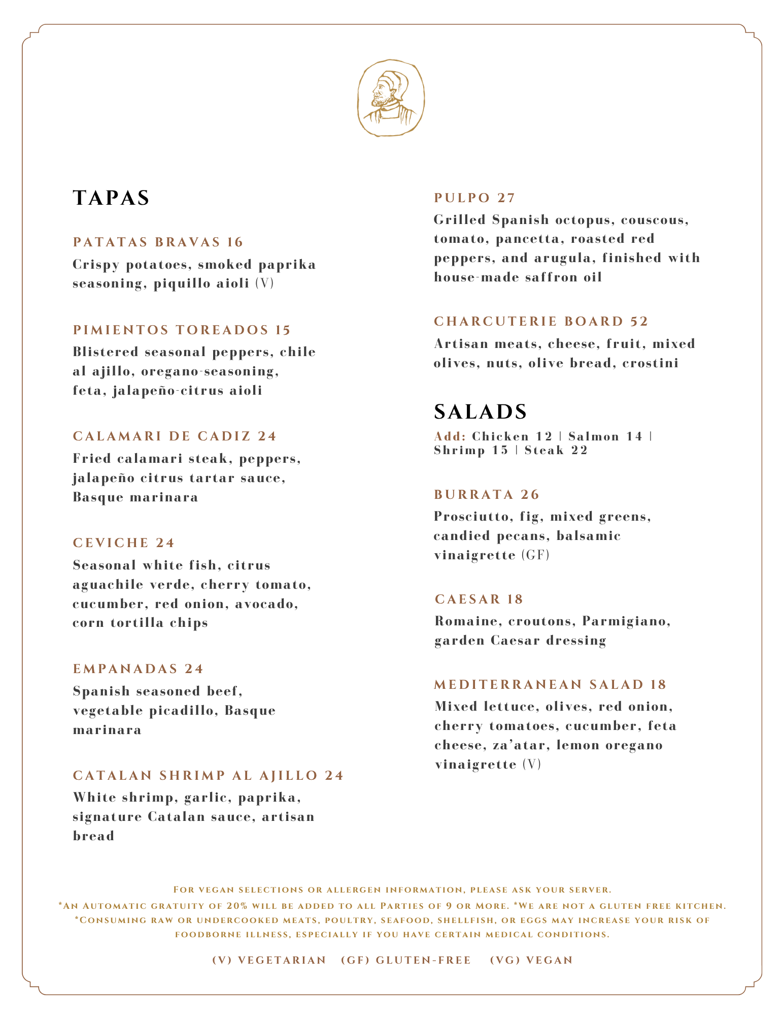 A Gaspar's Restaurant Spanish Food menu page with tapas, salads, and grilled dishes, titled in a clean white layout for Gaspar's at the vineyard, a temecula restaurant serving Spanish Fusion cuisine.