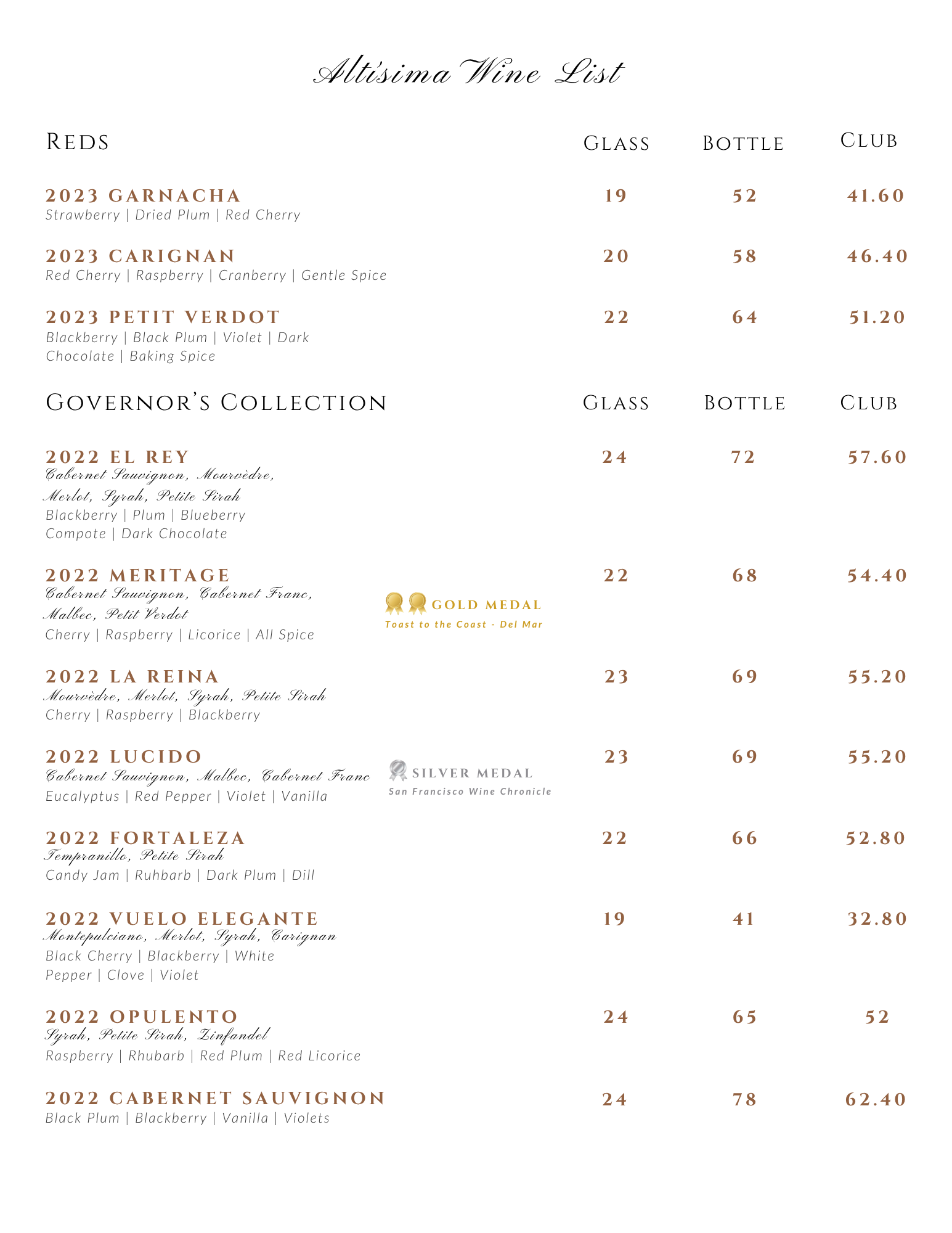 A printed Altisima Wine List tasting room menu from a Temecula winery, showing red wines, the Governor’s Collection, and glass, bottle, and club prices on a white background.