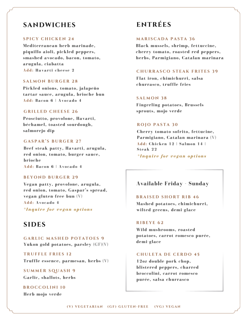 A printed menu from Gaspar's Restaurant featuring Spanish Food and Spanish Fusion dishes, with sandwich, side, and entree sections in a beige bordered layout, as well as a boxed Sunday dinner list and the phrase Gaspar's at the vineyard, temecula restaurant.