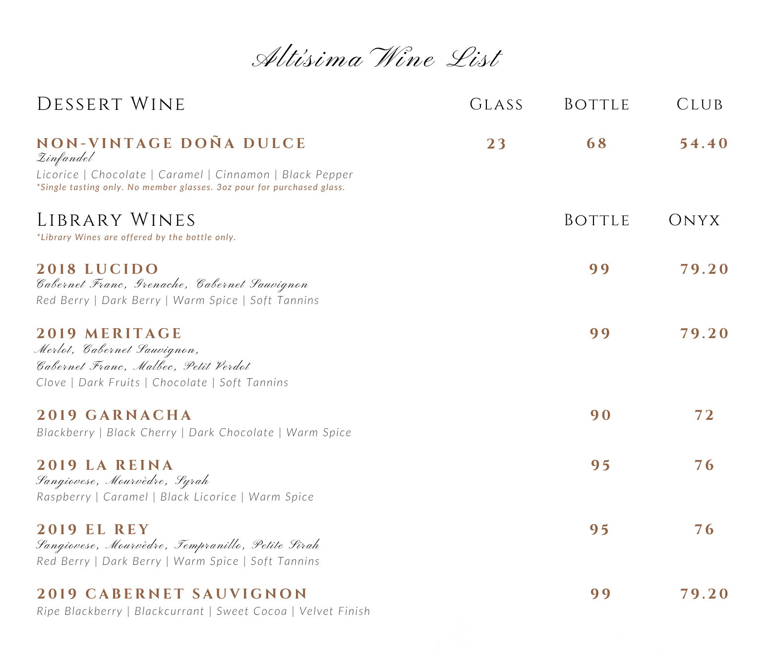 Menu board for AltiSima wine tasting room at a Temecula winery, listing dessert wines, library wines, and presale prices above a QR code and Altisima Experiences panel.
