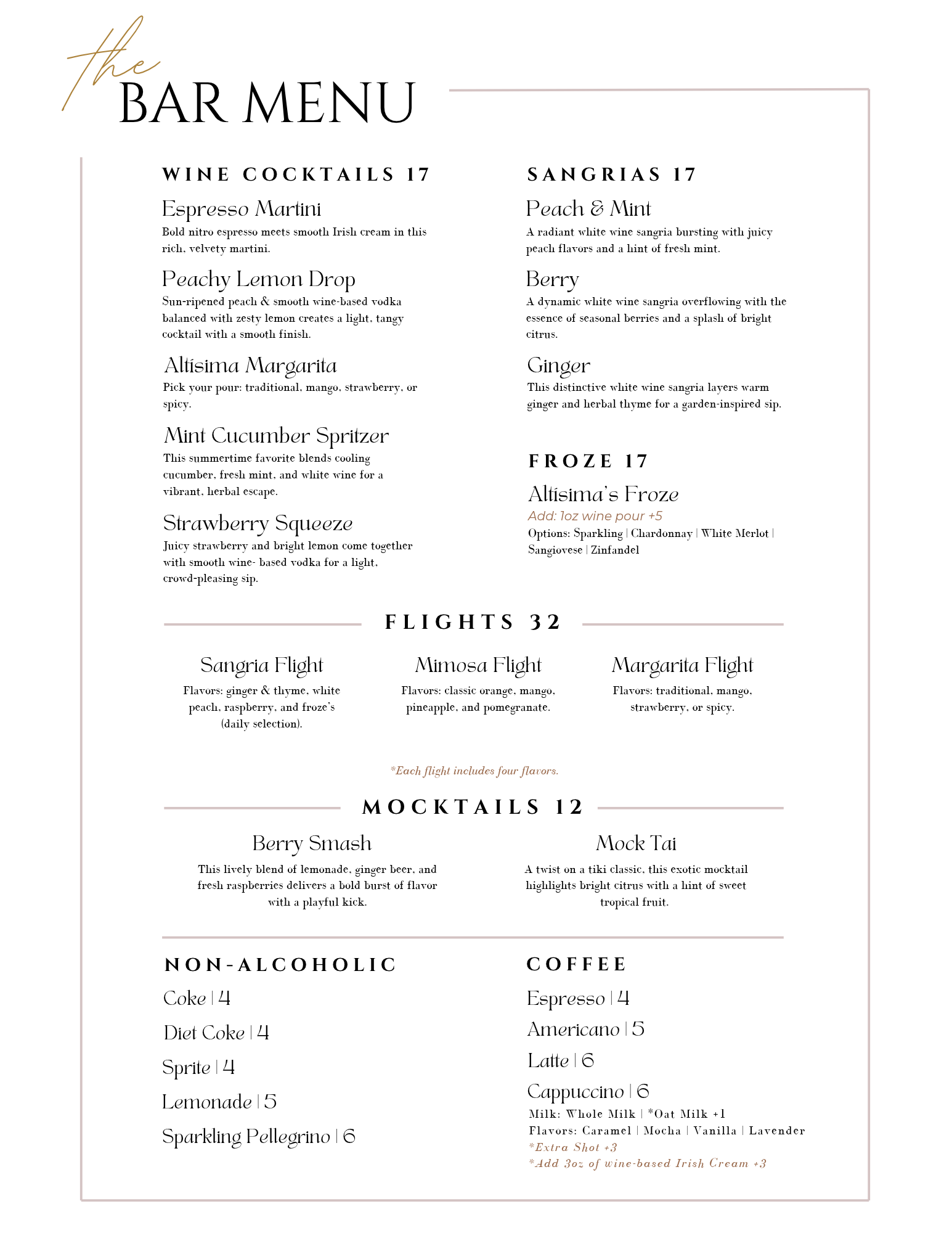 A bar menu for Gaspar's Restaurant featuring Spanish Food and Spanish Fusion drinks, with sections for wine cocktails, sangrias, frozen drinks, flights, mocktails, non-alcoholic beverages, and coffee at Gaspar's at the vineyard, a temecula restaurant.